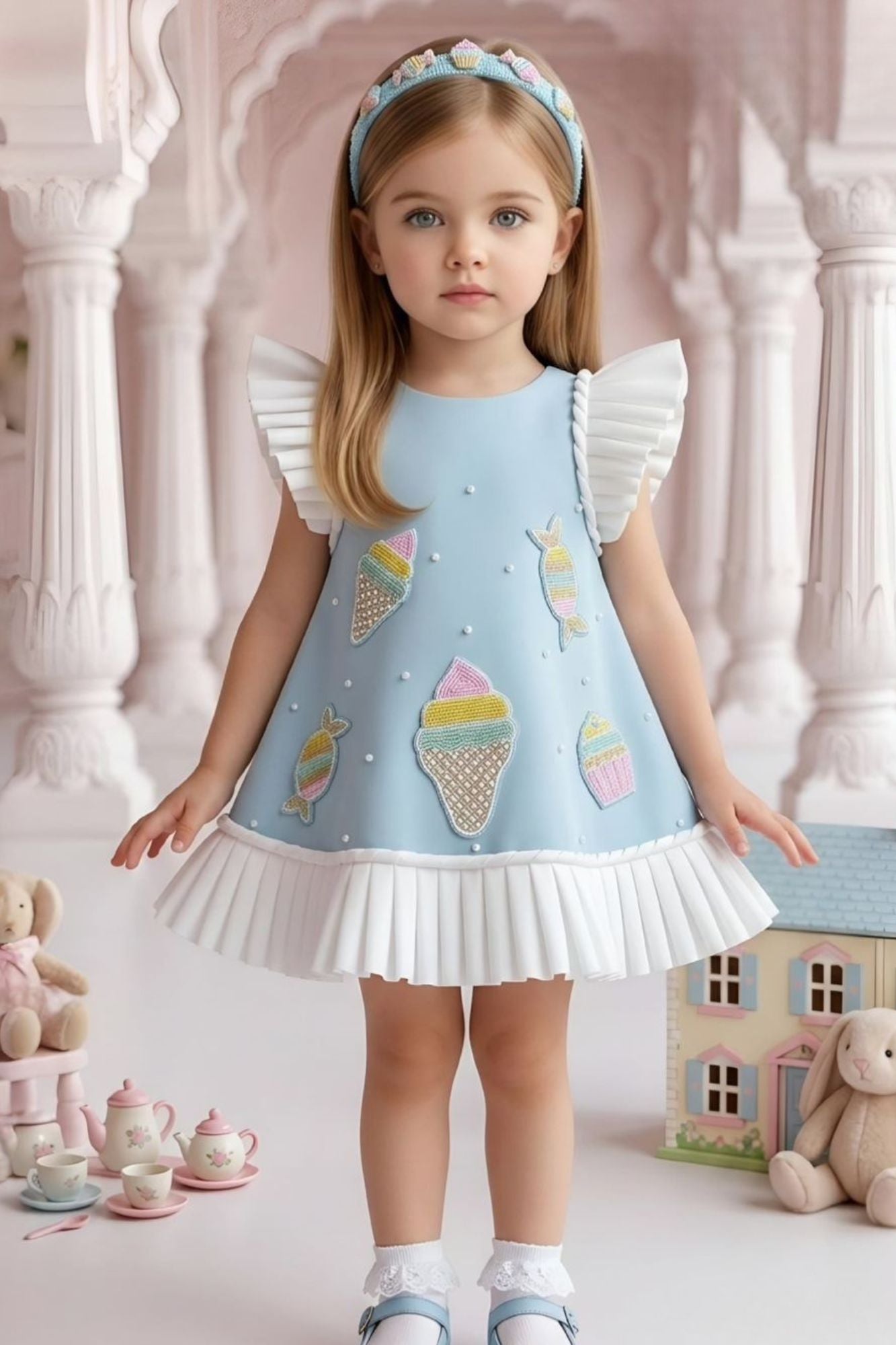 Sky Blue Ice Cream Appliqué Party Wear Frock with Pleated Ruffle Sleeves For Girls