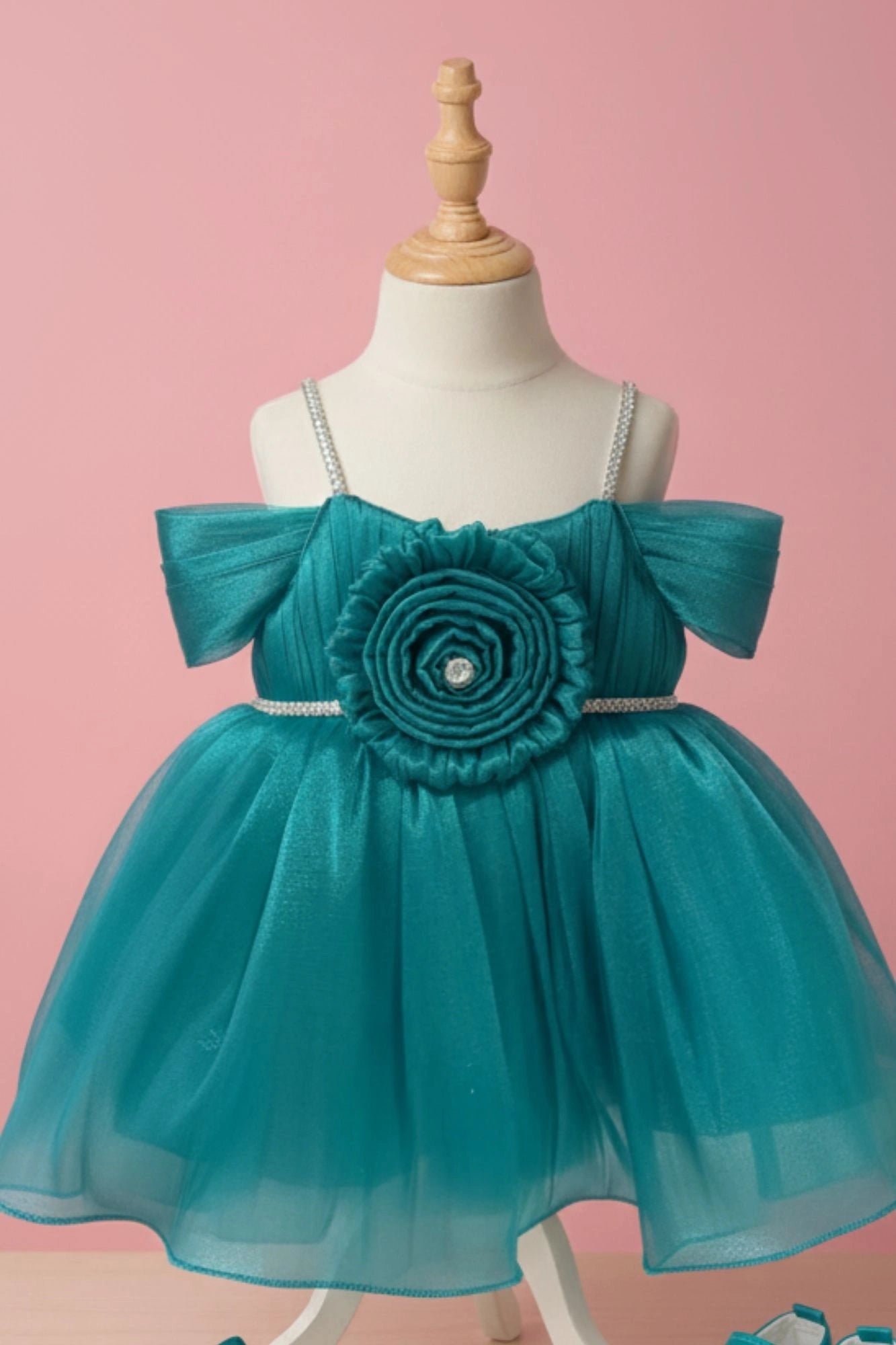 Teal Blue Party Frock with Pleated Flower Appliqué and Shimmer Finish For Girls
