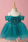 Teal Blue Party Frock with Pleated Flower Appliqué and Shimmer Finish For Girls