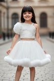 White Ruffled Sequins And Pearl Work Skirt Set For Girls