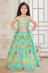 Sea Green Sleeveless And Mirror Work With Floral Printed Lehenga Choli Set For Girls