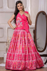 Pink Printed And Embroidered Lehenga Choli Set For Girls