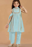 Sea Green Kurta Set with Golden Stripes And Tassel Dupatta For Girls