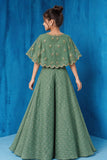 Girls Sage Green Floral Embroidered Palazzo Set With Jacket And Dupatta