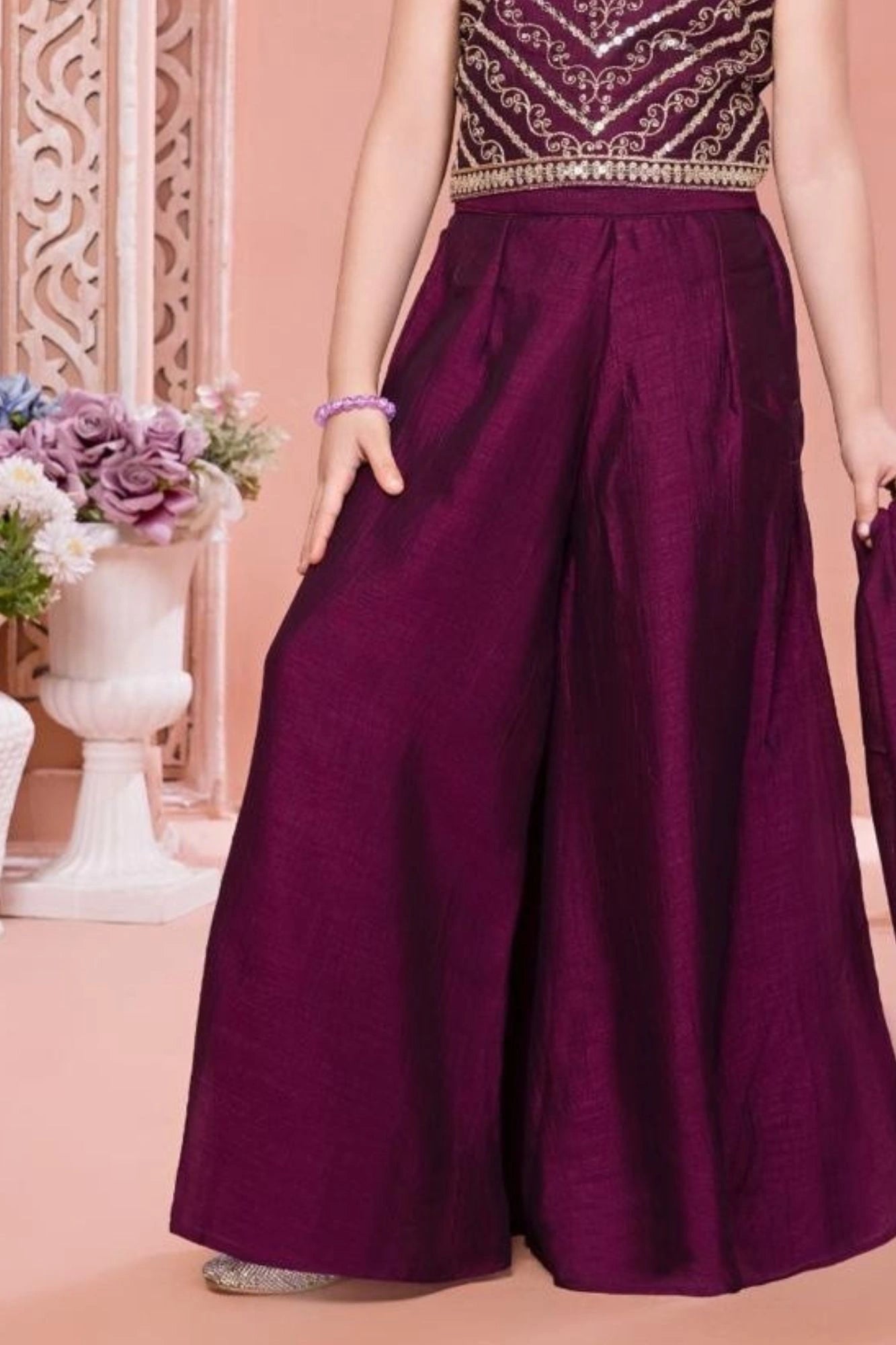 Wine Embroidered  Palazzo Set With Dupatta For Girls