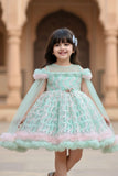 Mint Green And Pink Layered Ruffled Party Wear Frock with Cape For Girls