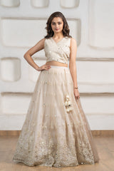 Elegant Cream Embroidered Lehenga Choli Set With Dupatta For Girls