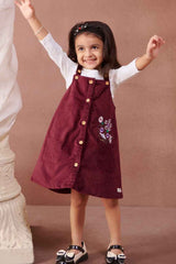 Maroon Dungaree And White T shirt With Embroidery For Girls