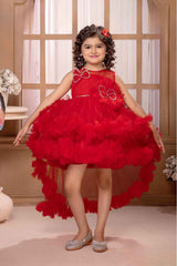 Red Sleeveless And Butterfly Embellished Tailback Frock For Girls