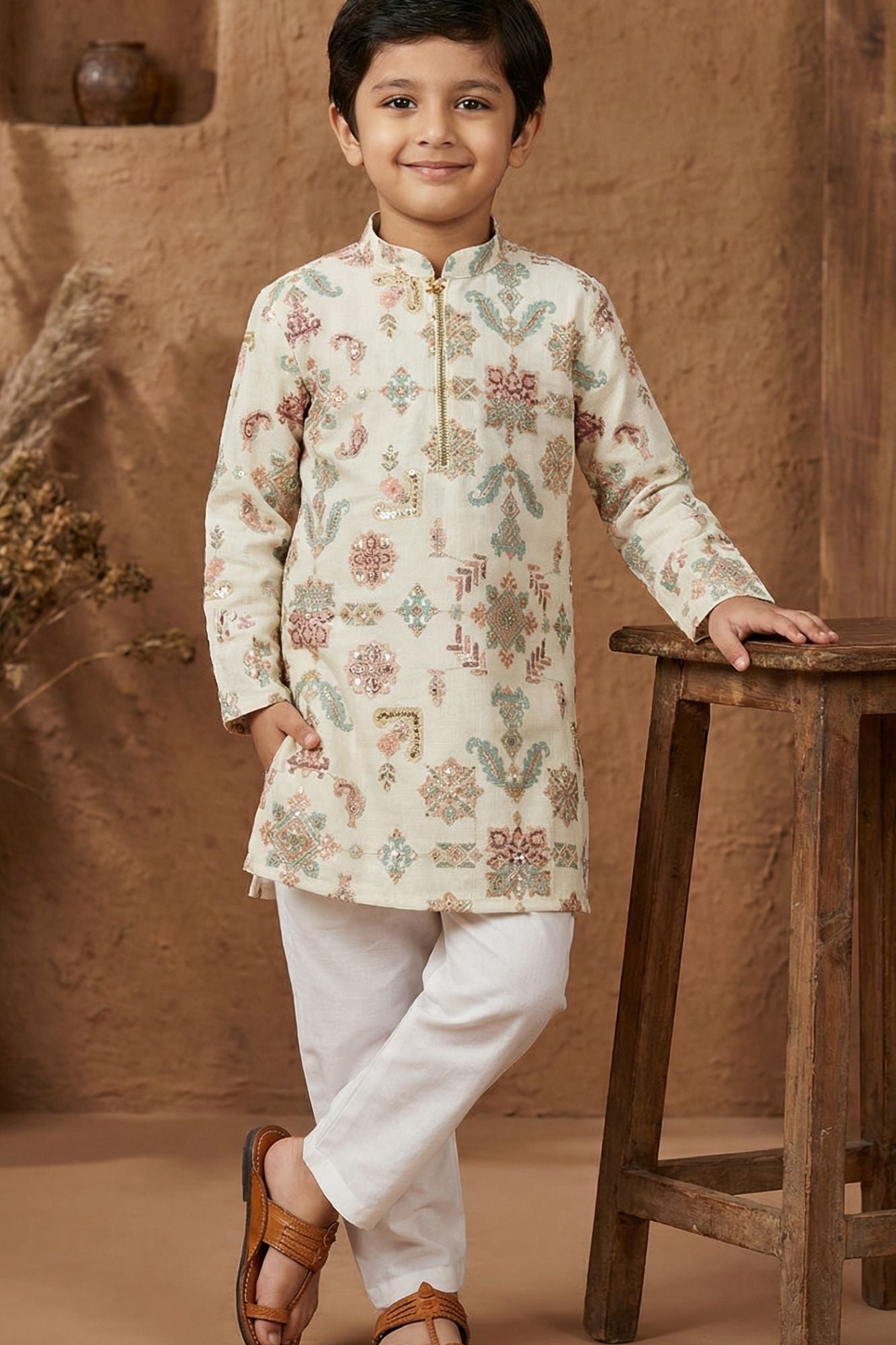Ivory Embroidered Kurta Set With Pajama For Boys