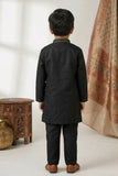 Black Embroidered Linen Kurta Set For Boys