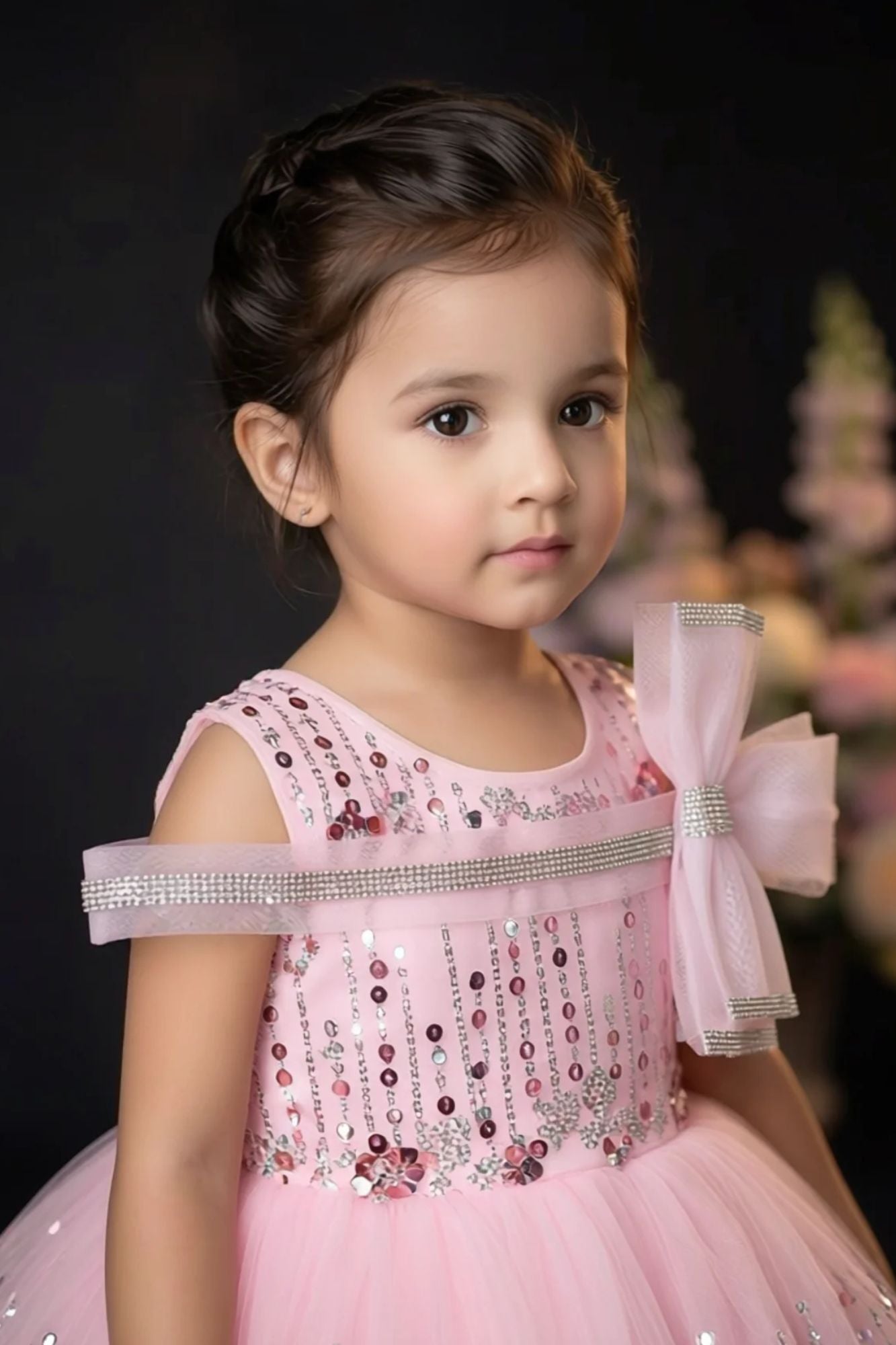 Girls Pink Sequinned Party Wear Frock with Bow Detail