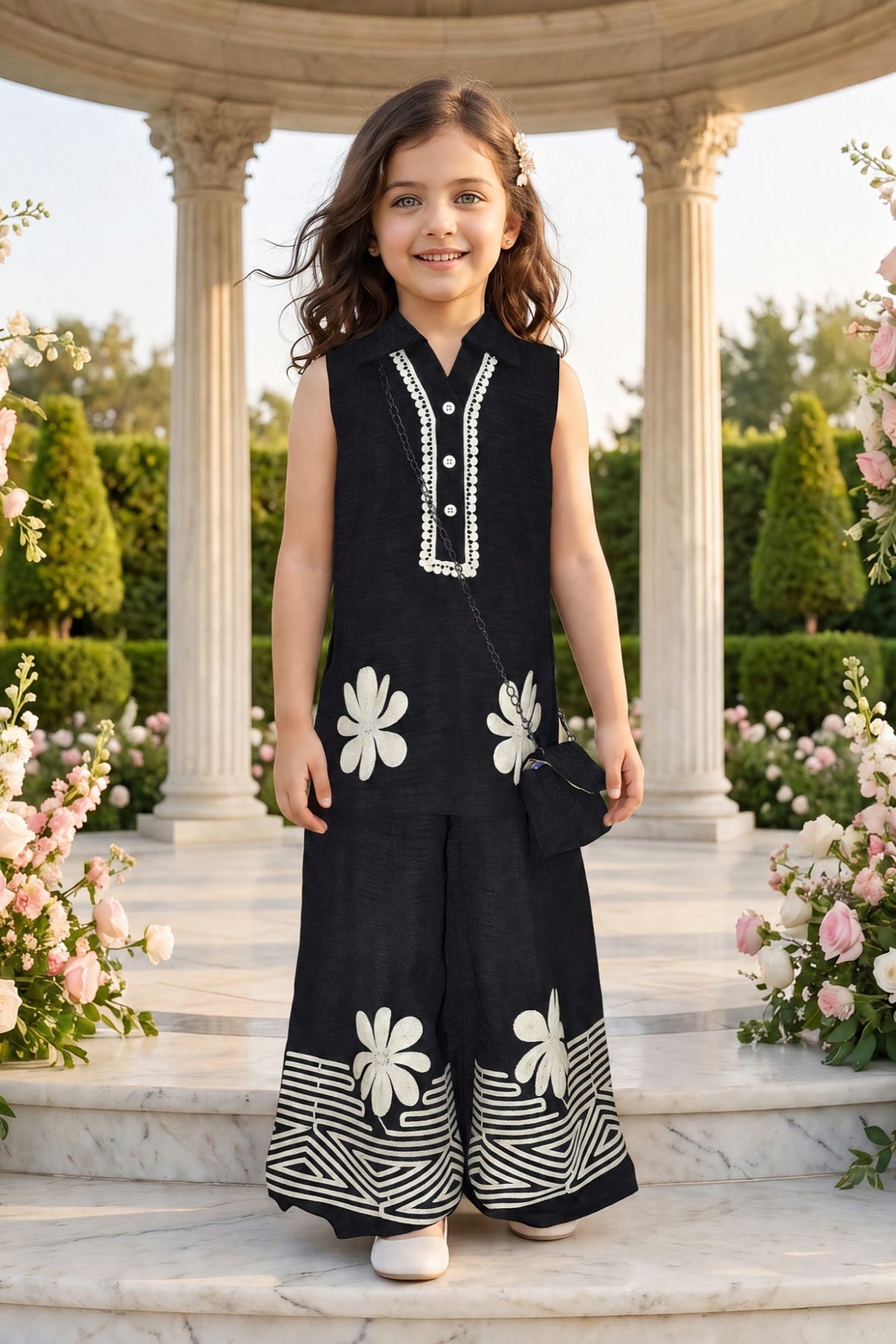 Black & White Floral Embroidered Sleeveless Co-ord Set For Girls