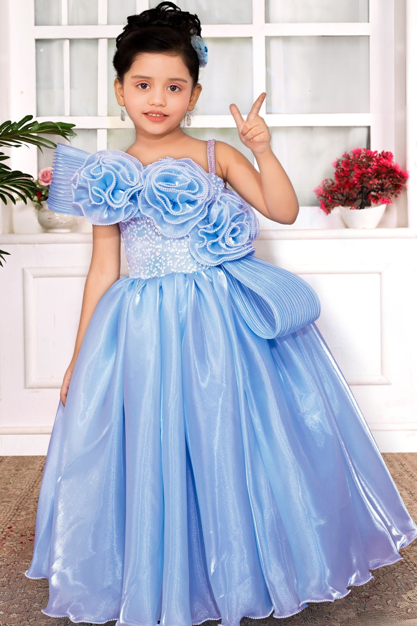 Girls Blue One-Shoulder Party Gown with 3D Floral Ruffles