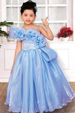 Girls Blue One-Shoulder Party Gown with 3D Floral Ruffles