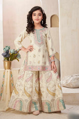 Cream Embroidered Palazzo Set for Girls