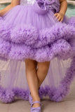 Girls Lavender Layered Ruffle Tailback Party Dress With Floral Details