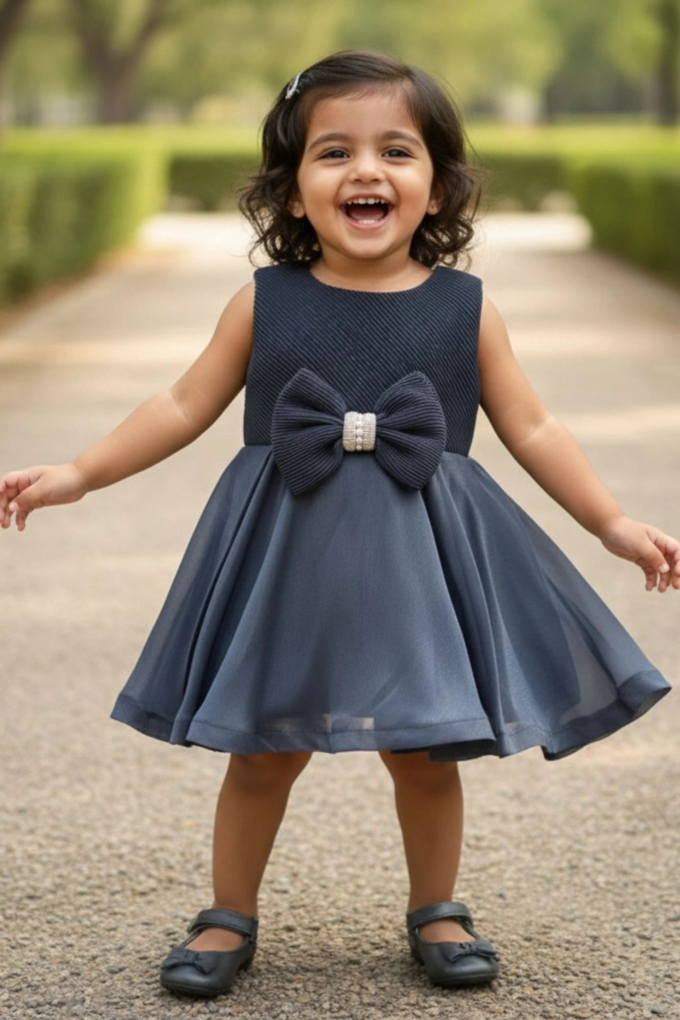 Blue Embellished Bow Charm Party Frock for Girls