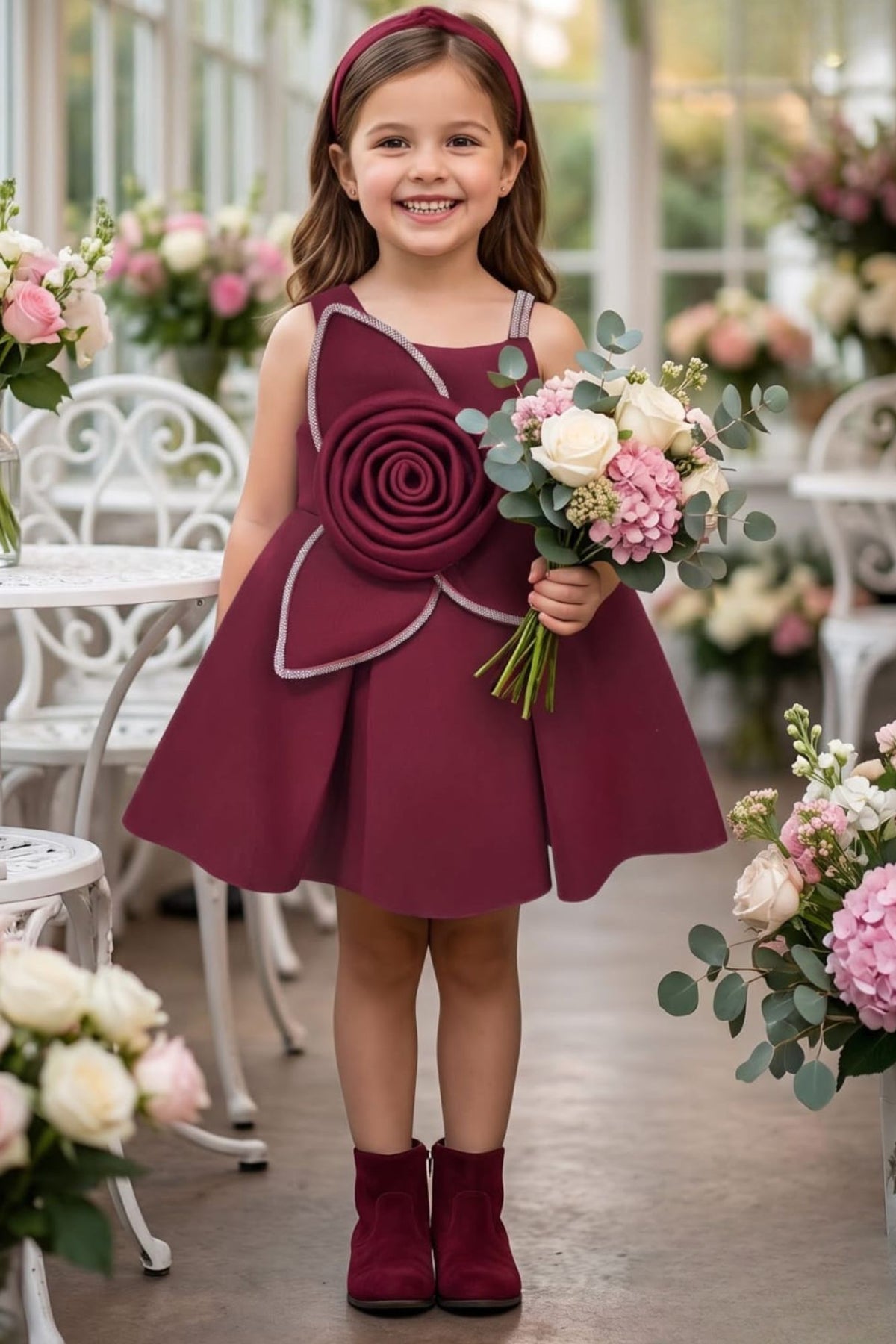 Girls Red 3D Rosette Party Wear Frock With Sequin Embellishment