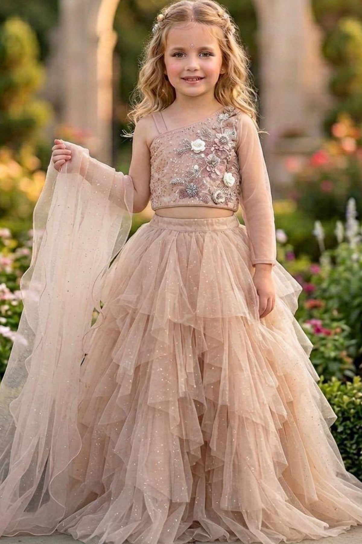 Blush Pink Floral Ruffle Lehenga Choli For Girls