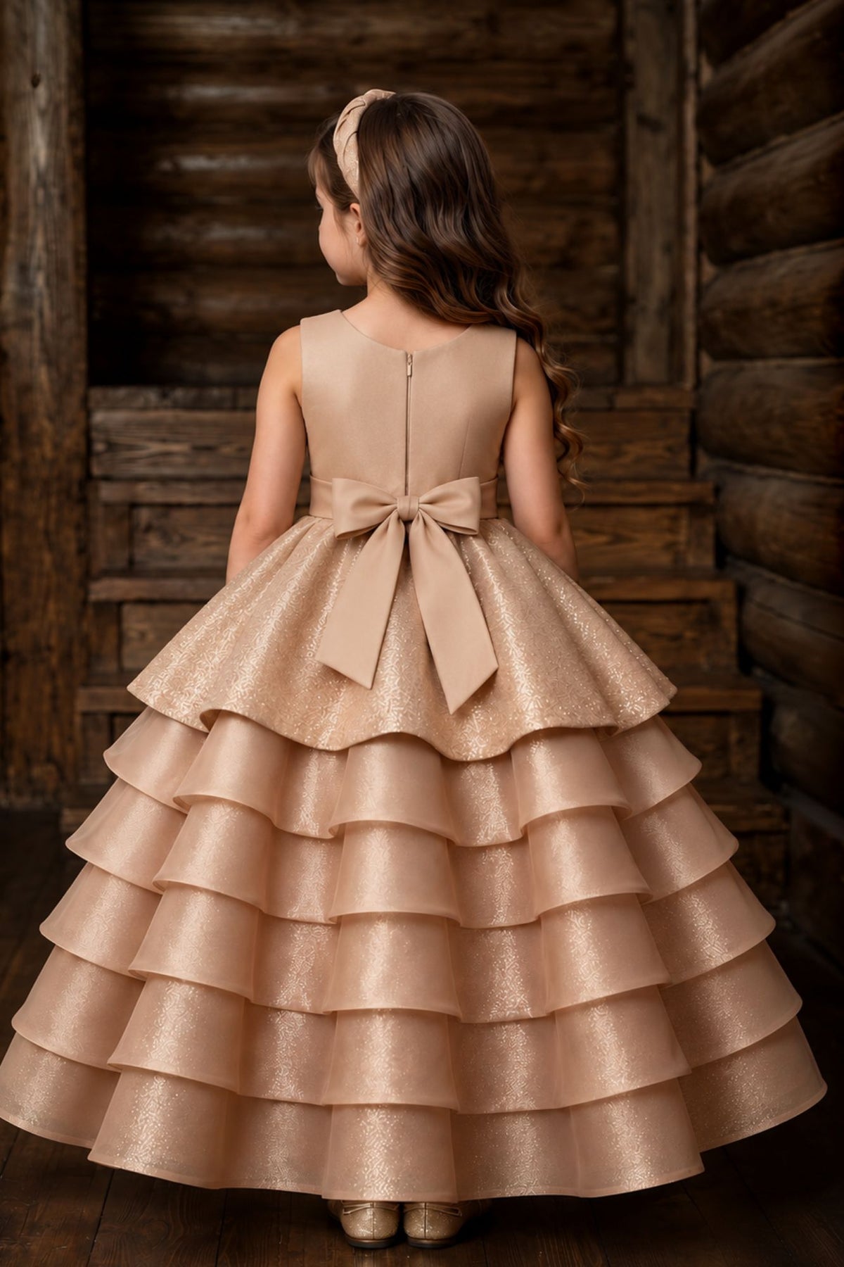 Girls Champagne Gold Party Wear Gown With Layered Ruffles