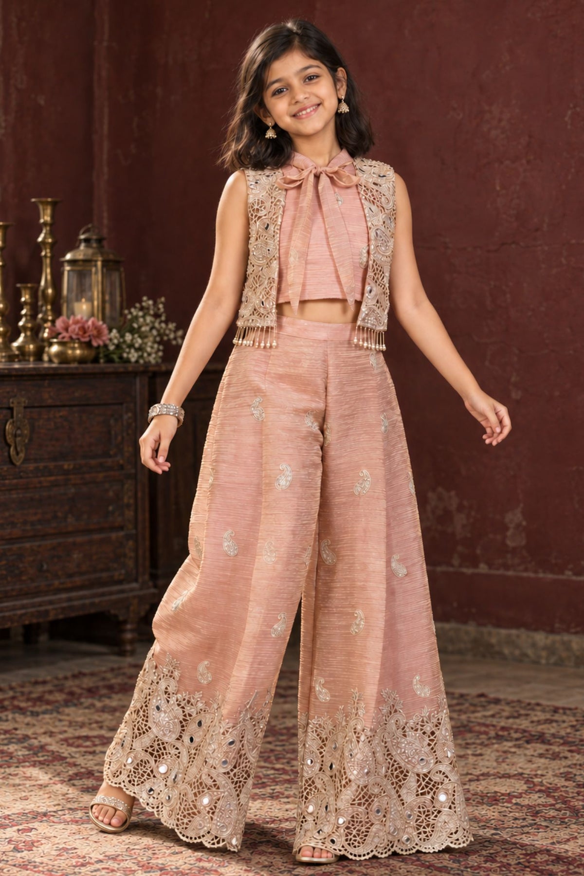 Girls Blush Peach Embroidered Jacket Palazzo Set