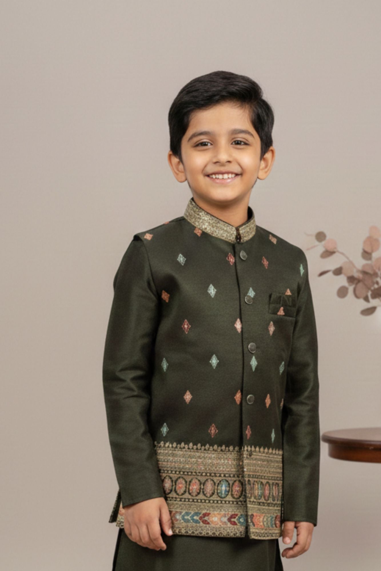 Olive Green Embroidered Kurta Pajama Set with Ethnic Jacket for Boys