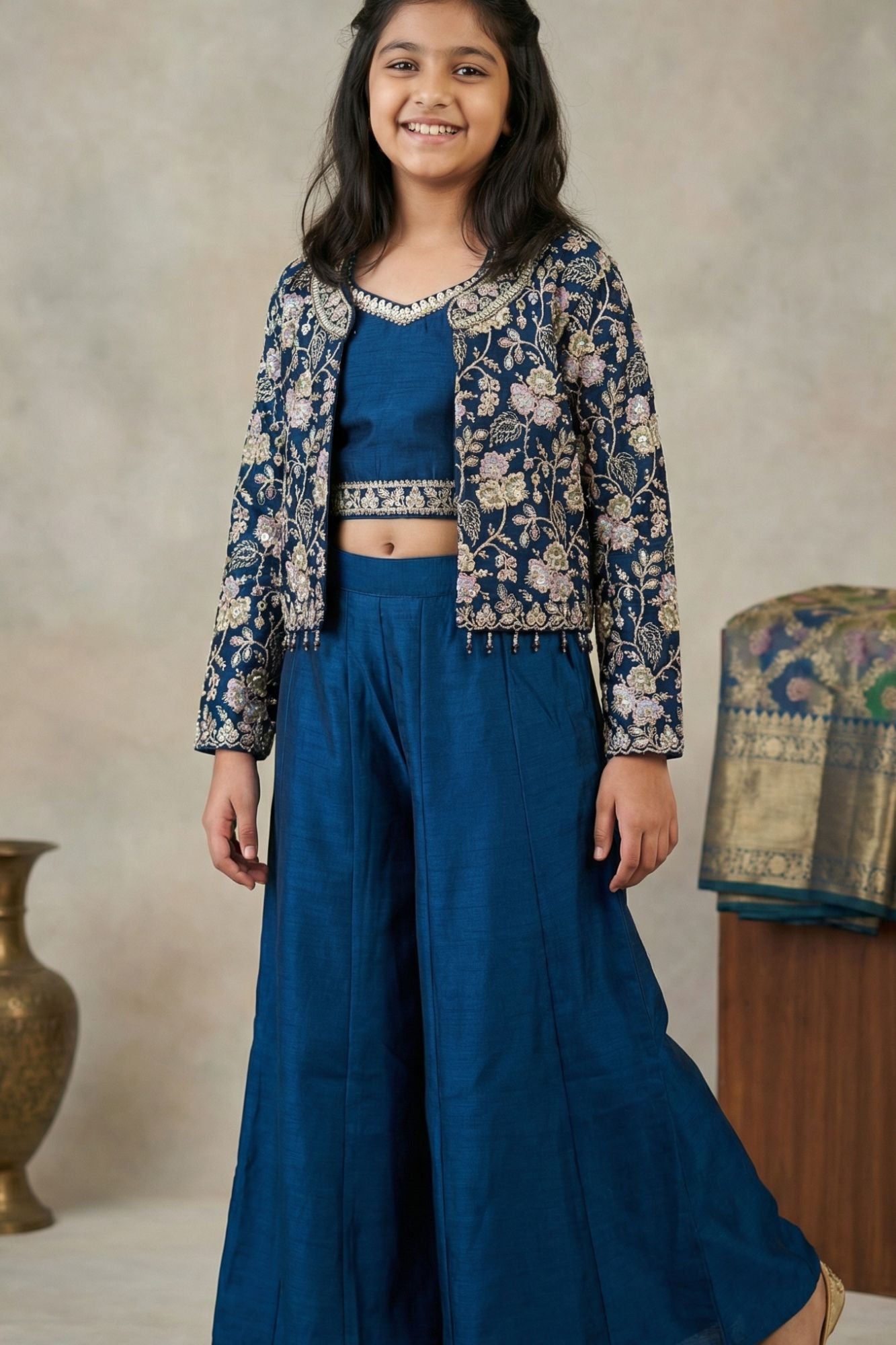 Blue Embroidered Palazzo Set With Jacket for Girls