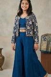 Blue Embroidered Palazzo Set With Jacket for Girls