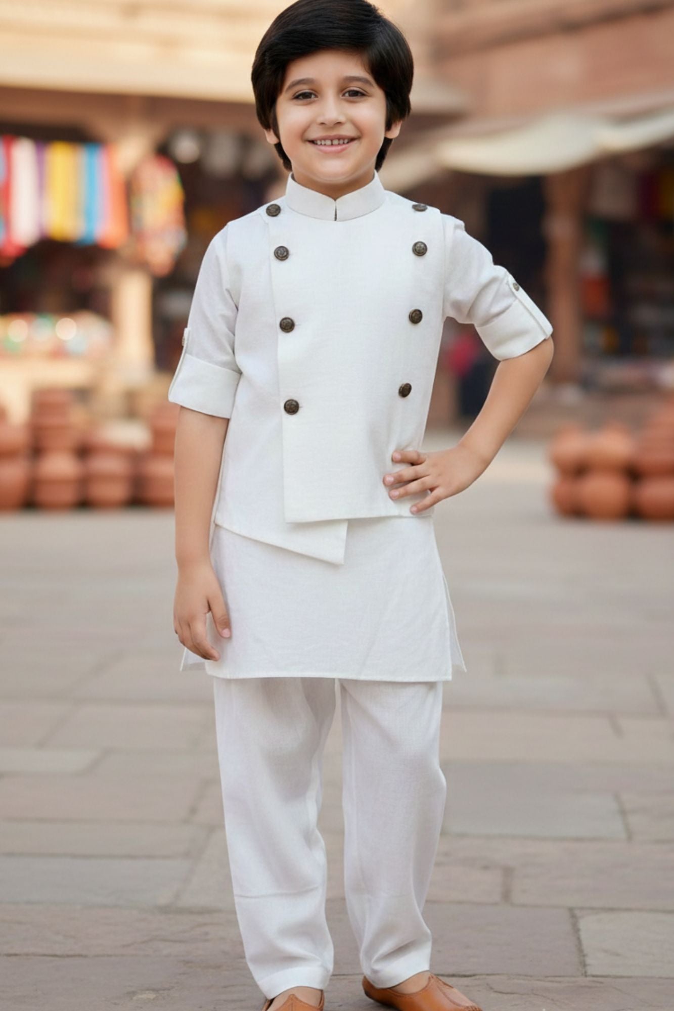 White Pathani Stylish Kurta jacket Set For Boys