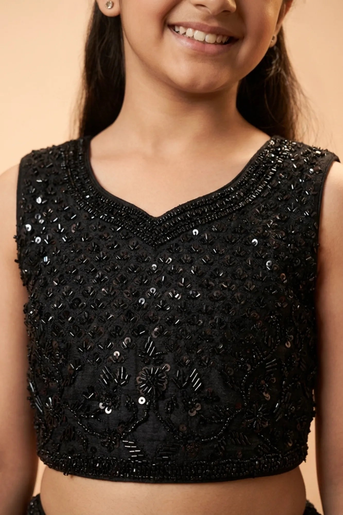 Black Sequin Embroidered Lehenga Set For Girls