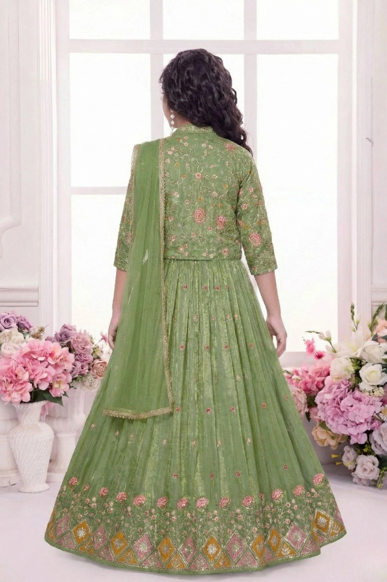 Pista Green Heavy Embroidered Lehenga Choli Set With Jacket for Girls