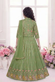 Pista Green Heavy Embroidered Lehenga Choli Set With Jacket for Girls