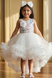 White Party Frock with Floral Bodice and Ruffled Hemline And Tailback For Girls