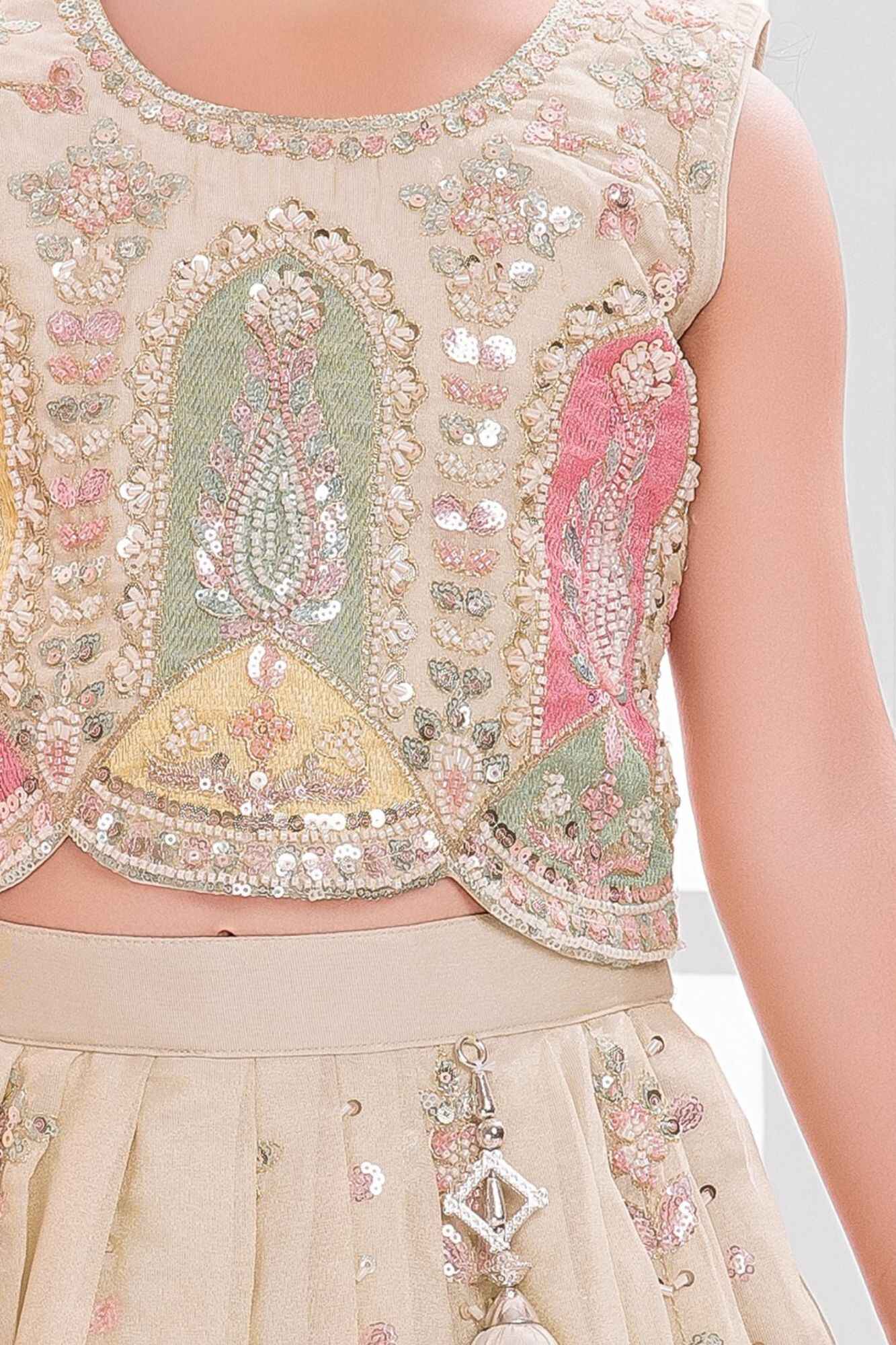 Fawn Embroidered Lehenga Choli Set For Girls