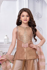 Elegant Girls Champagne Gold Embroidered Palazzo Set with Dupatta For Festive Wear