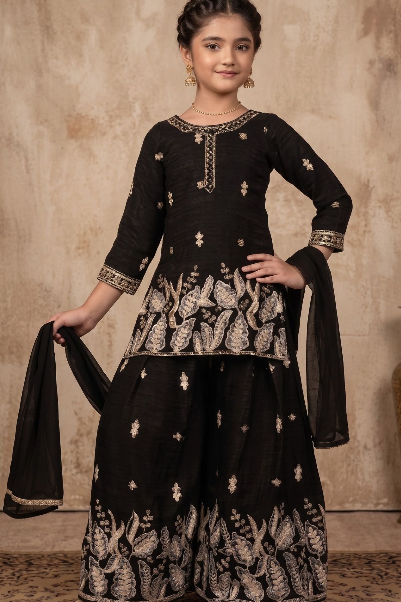 Black Zari Embroidered Palazzo Set For Girls