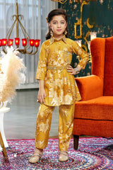 Mustard Printed And Sequin Top And Bottom Set For Girls