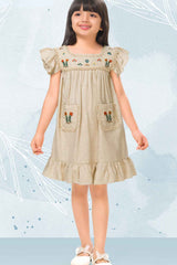 Beige Cotton Embroidered Casual Dress With Flutter Sleeves For Girls