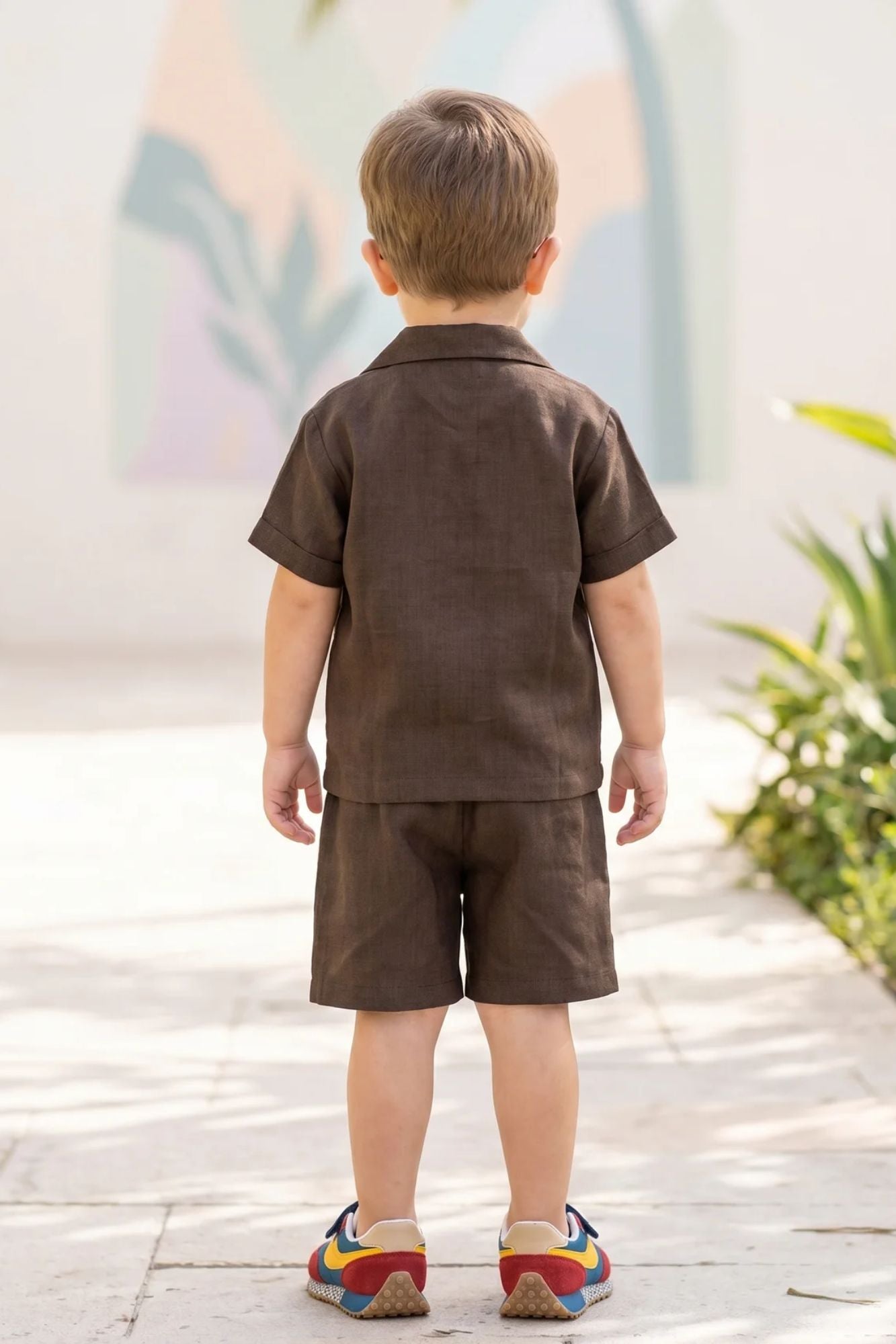 Boys Brown Embroidered Shirt And Shorts Set