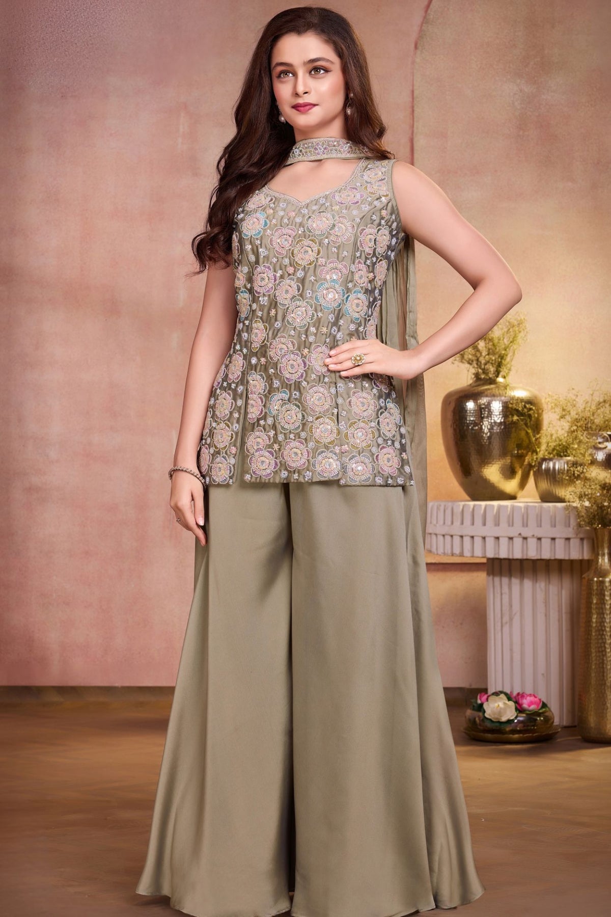 Girls Olive Green Multicolour Floral Sequin Embroidered Sleeveless Palazzo Set With Dupatta