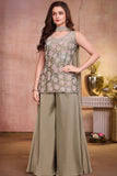 Girls Olive Green Multicolour Floral Sequin Embroidered Sleeveless Palazzo Set With Dupatta