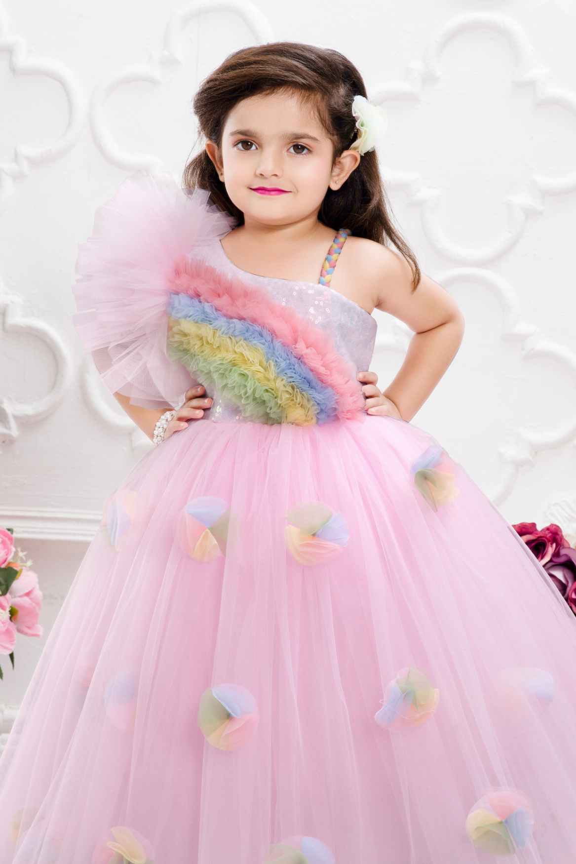 Pink Net Gown With Rainbow Pattern Ruffle Design For Girls