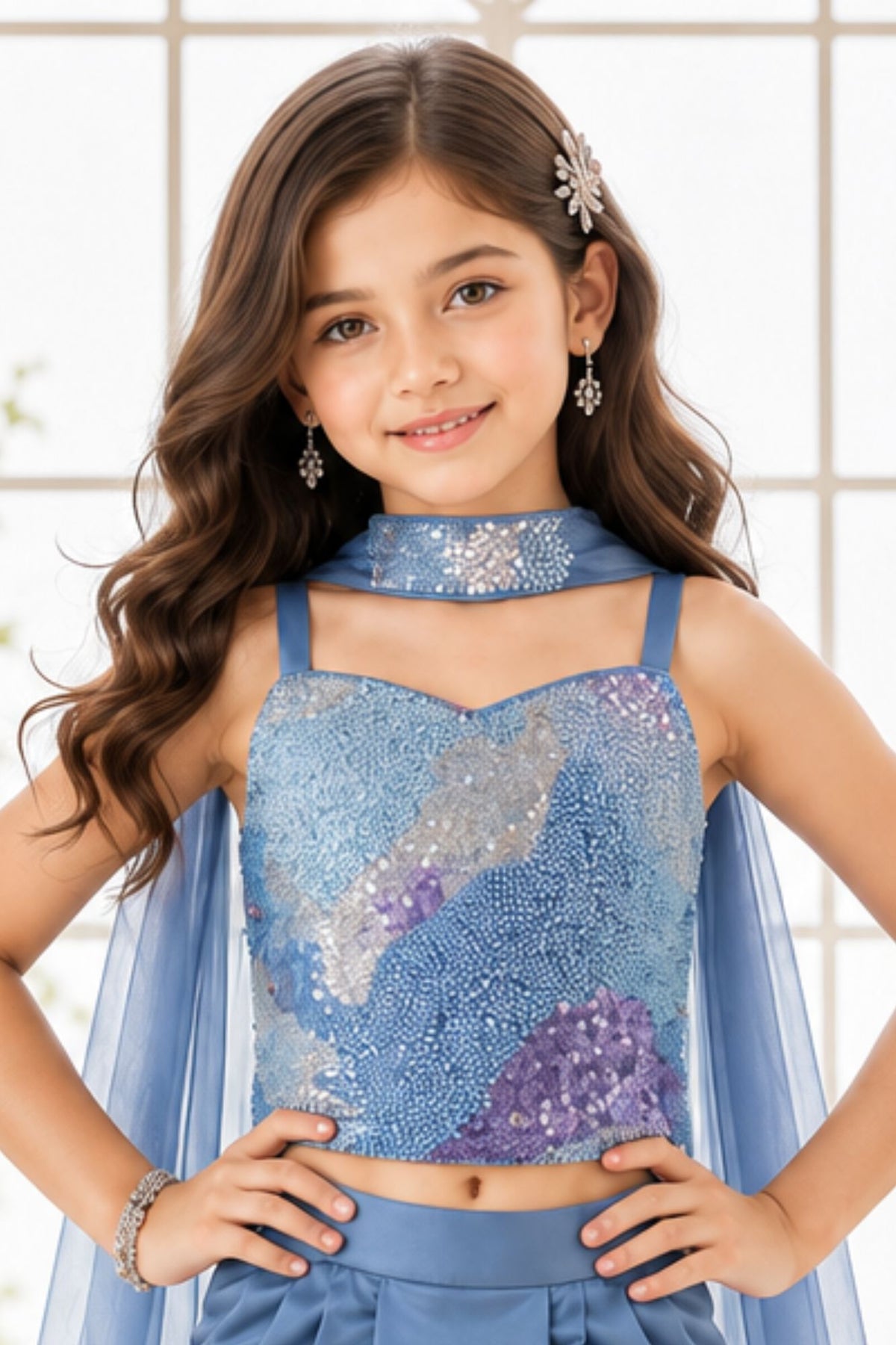 Blue Sequin Embellished Lehenga Set For Girls
