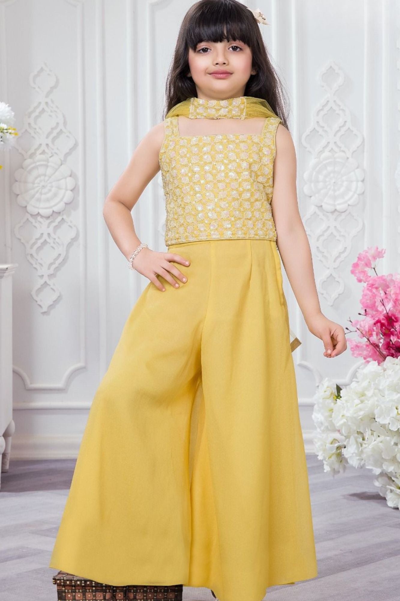 Yellow Embroidered Palazzo Set For Girls