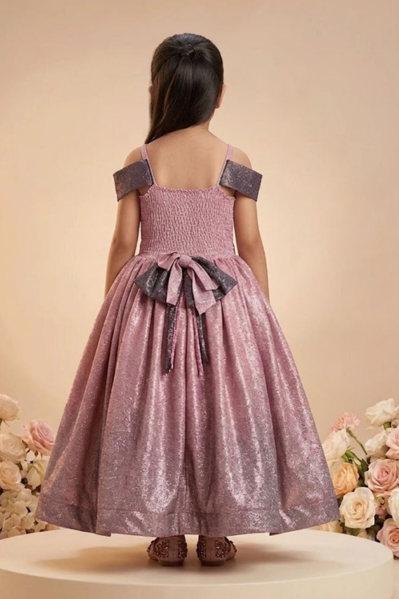 Girls Mauve Pink Shimmer Off-Shoulder Party Wear Gown