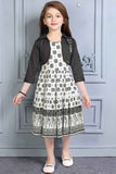 White Casual Printed Frock With Overcoat For Girls