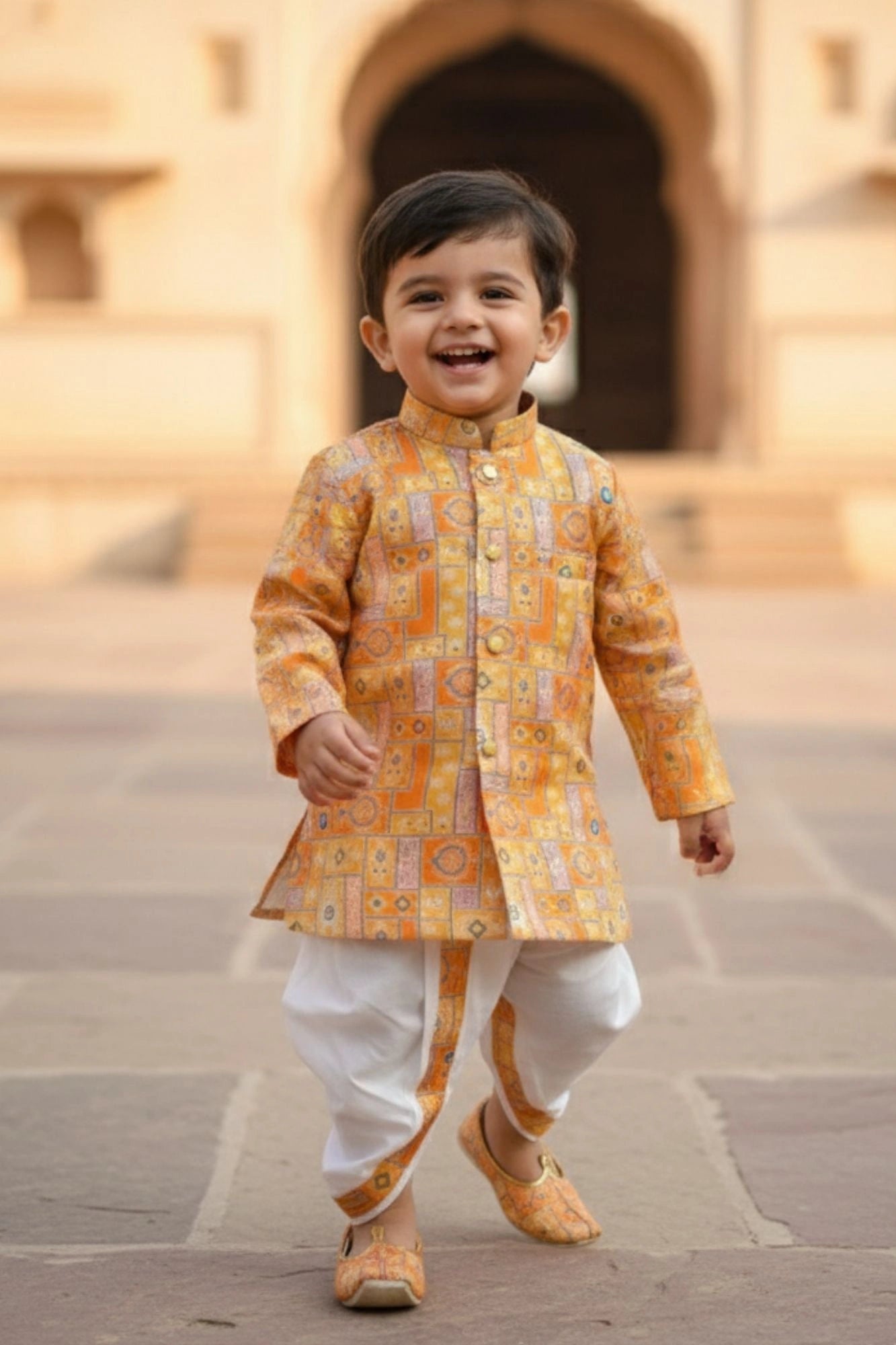 Mustard Patchwork Printed Kurta Dhoti Set for Boys