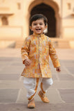 Mustard Patchwork Printed Kurta Dhoti Set for Boys