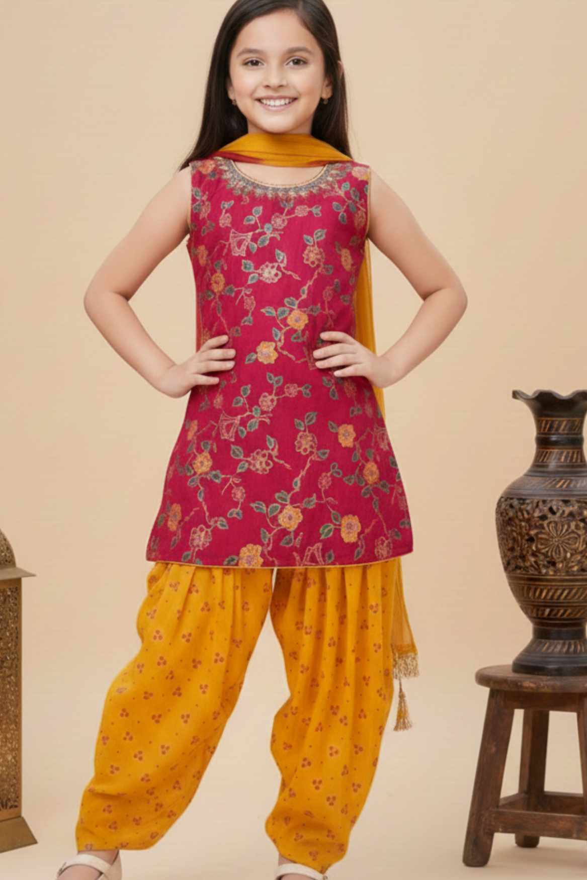 Rani Pink Kurti With Gold Patiala Suit Set For Girls